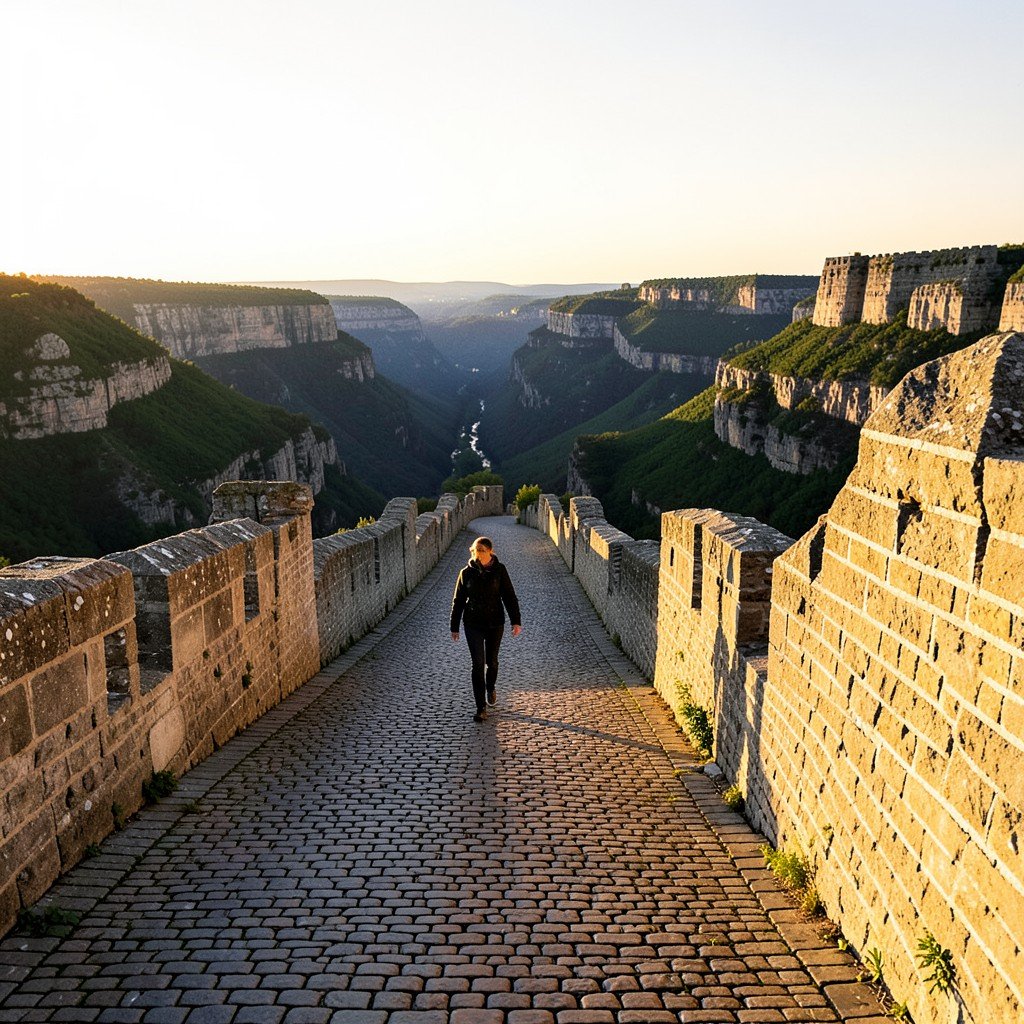 A person walking on a cobblestone path along the Luxembourg fortifications with deep valley views and warm afternoon light no text aspect ratio 1:1