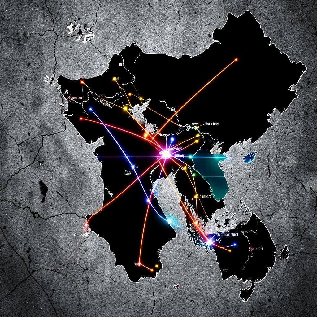 Informational graphic showing an abstract map of the Middle East and China with bright glowing lines connecting major cities, modern layout, textured background, high contrast, no text, 4:3