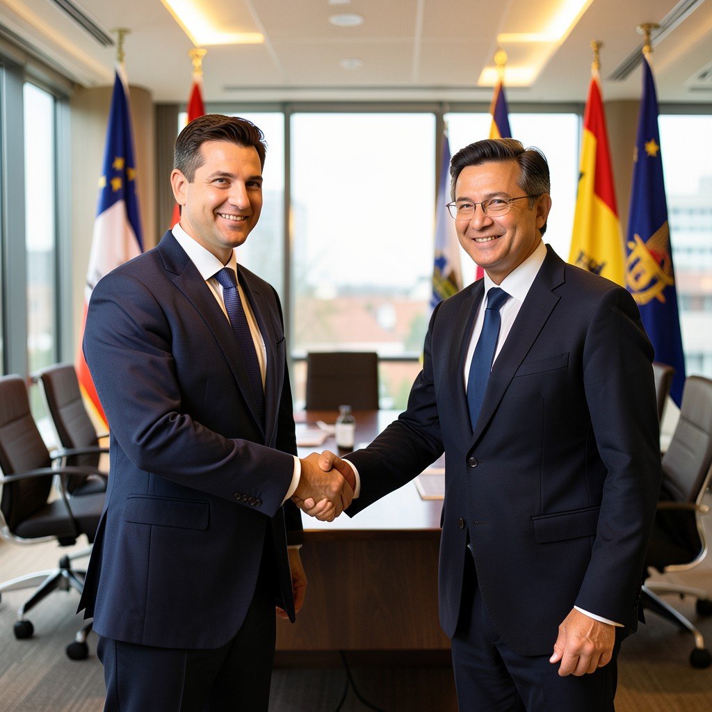 Two professional business leaders shaking hands in a modern conference room with flags in the background, warm lighting, natural setting, no text, 4:3