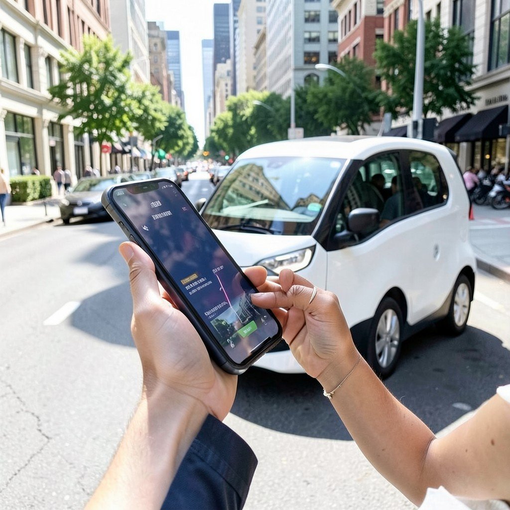 A person using a smartphone app to hail a robotaxi on a city street, bright natural daylight, lifestyle photography, no text, 1:1