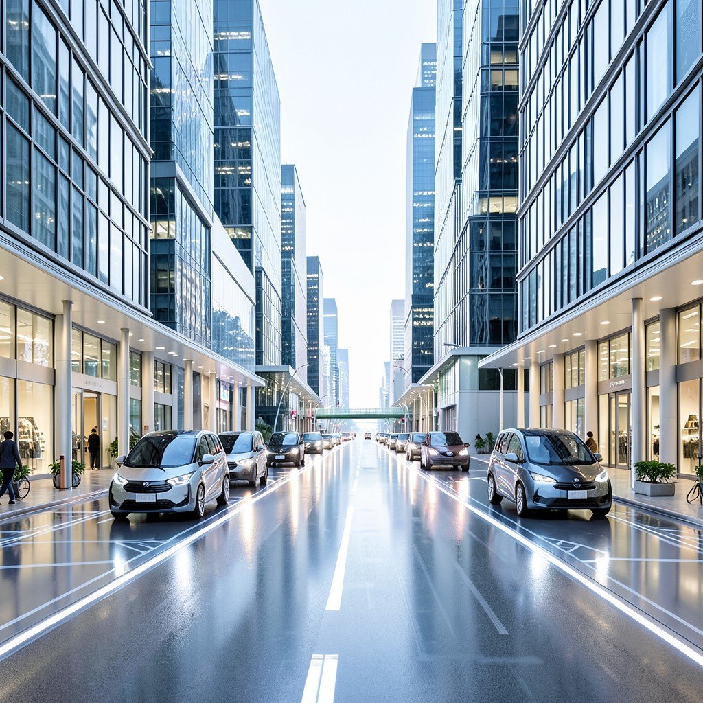 Futuristic city street with autonomous vehicles driving in harmony, clean modern aesthetic, bright balanced lighting, no text, 4:3