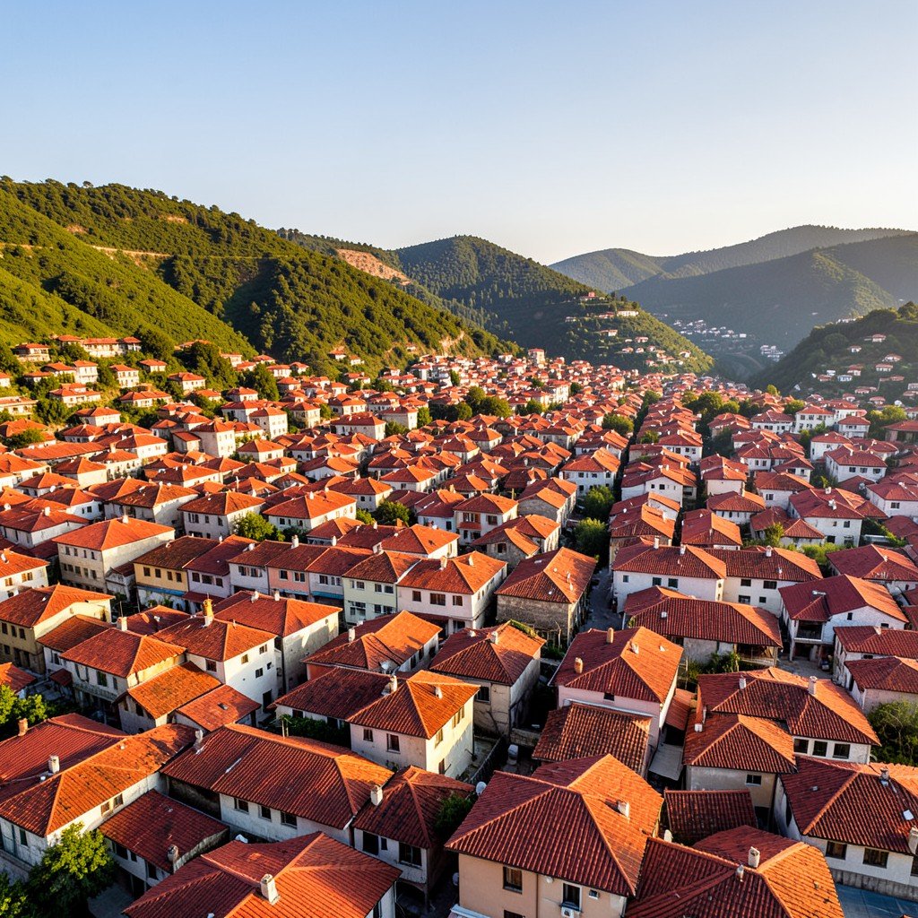 Aerial view of Safranbolu Turkey with hundreds of red roof Ottoman houses and green hills in the background, clear sky, warm sunlight, no text, aspect ratio 16:9