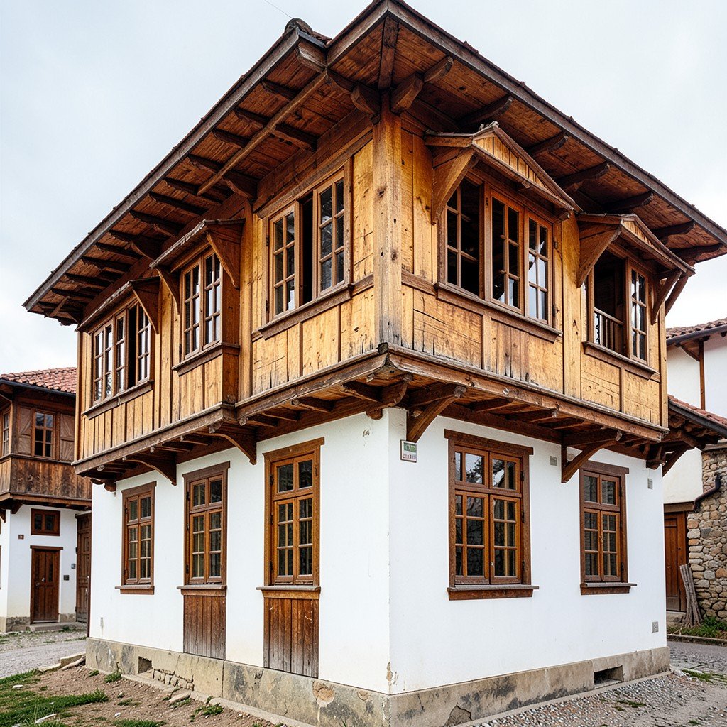 Traditional Ottoman style wooden house in Safranbolu with white walls brown wooden frames and overhanging bay windows detailed textures no people no text aspect ratio 4:3