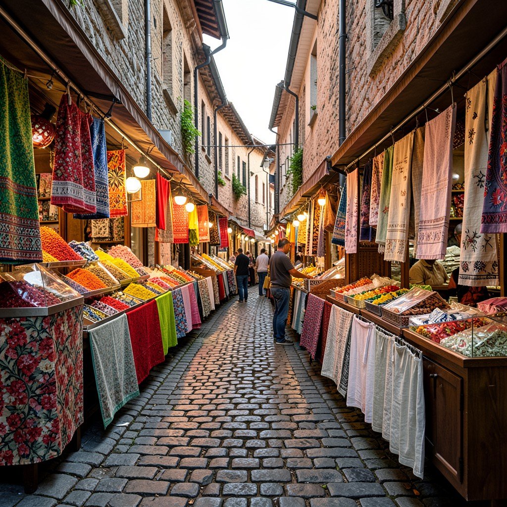 Narrow cobblestone street market in Safranbolu filled with colorful spice stalls and traditional handmade linen fabrics warm ambient lighting no text aspect ratio 4:3