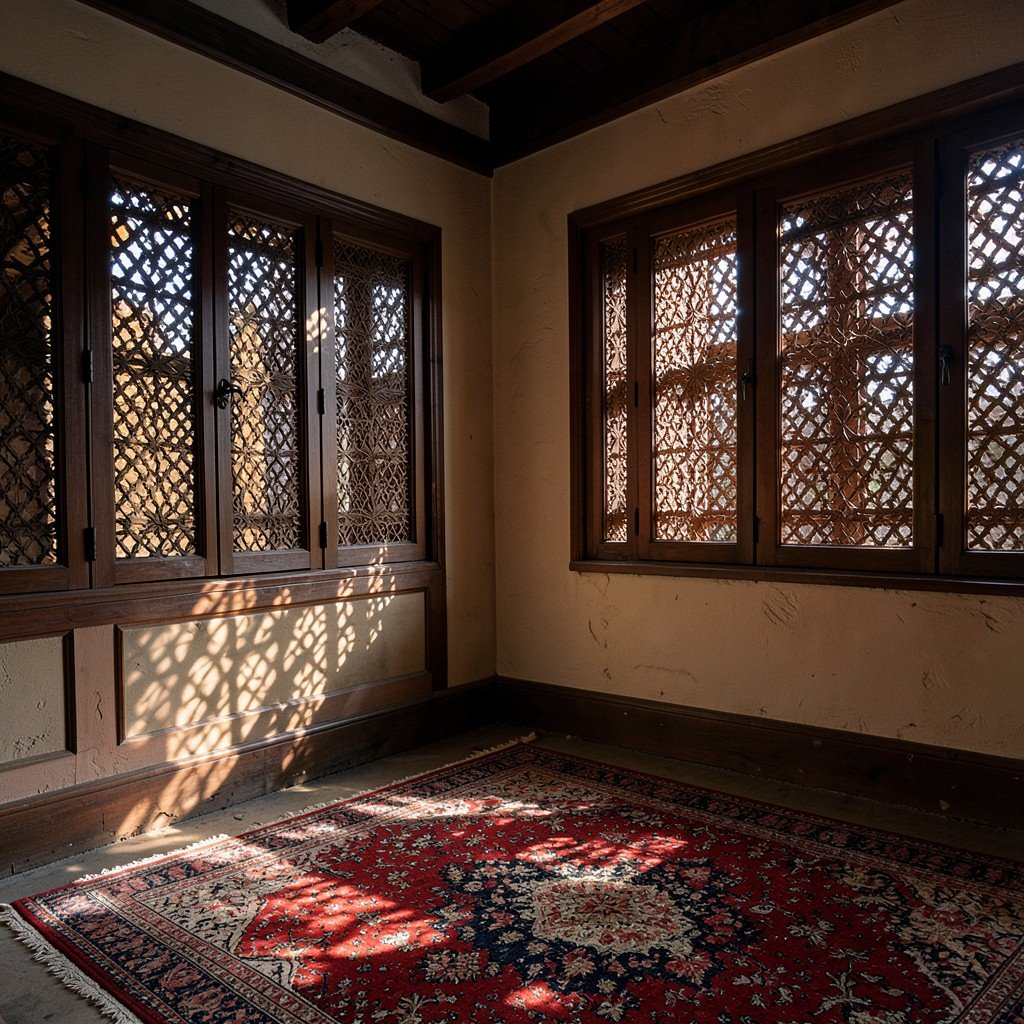 Interior of a historical Safranbolu mansion room with intricate wooden lattice windows casting warm light shadows on a traditional carpet no people no text aspect ratio 1:1