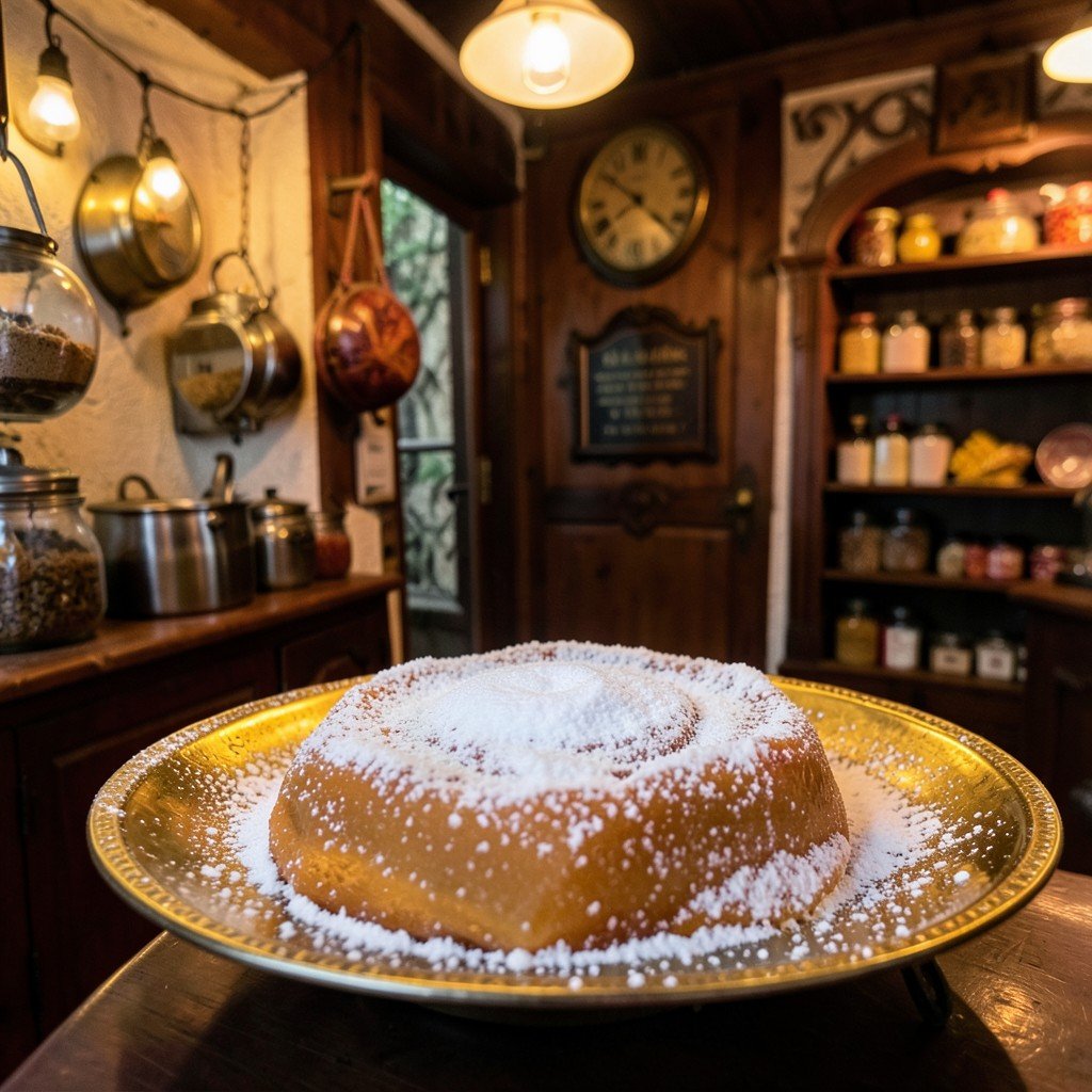 Close up of traditional Turkish delight Lokum dusted with powdered sugar on a brass plate inside a vintage Safranbolu shop warm lighting no text aspect ratio 1:1
