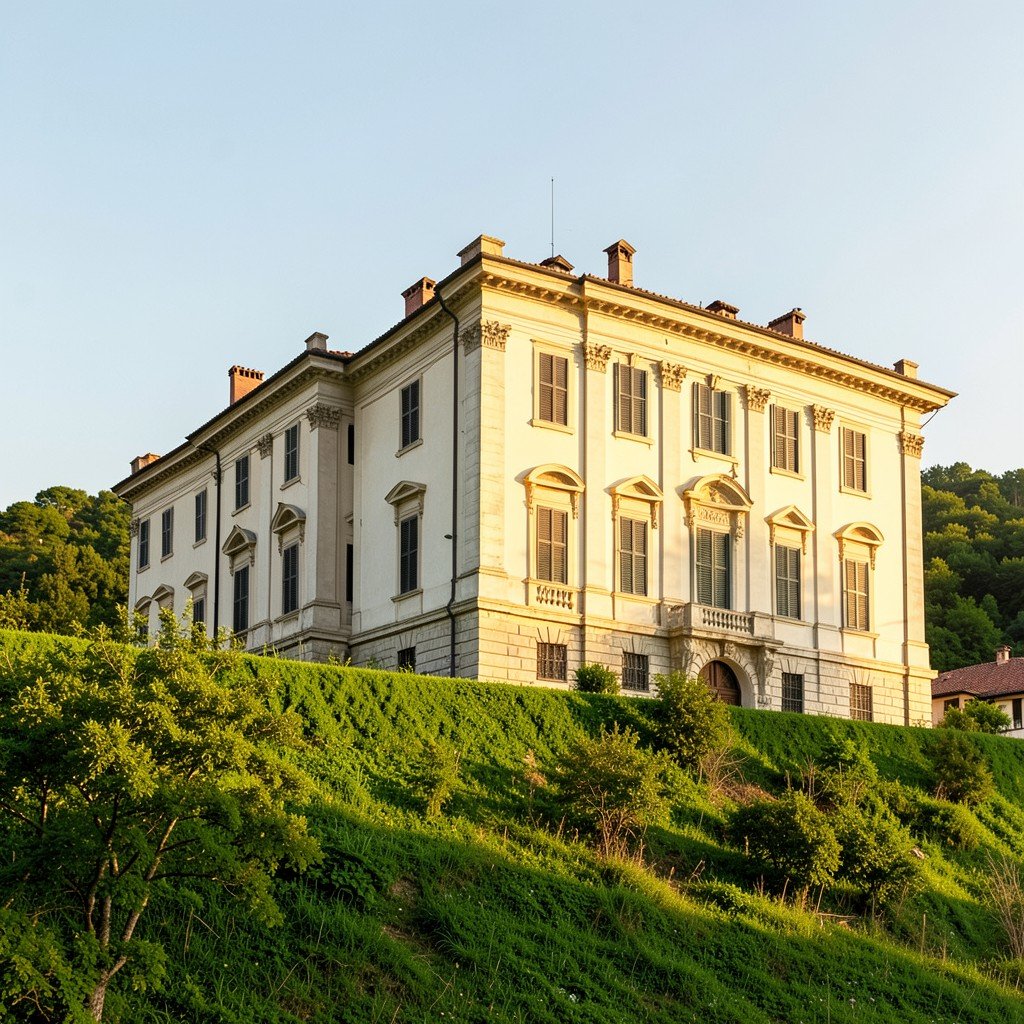 A beautiful Palladian villa situated on a green hill in the Veneto region Italy warm sunlight illuminating the classical symmetrical architecture no visible text aspect ratio 1:1