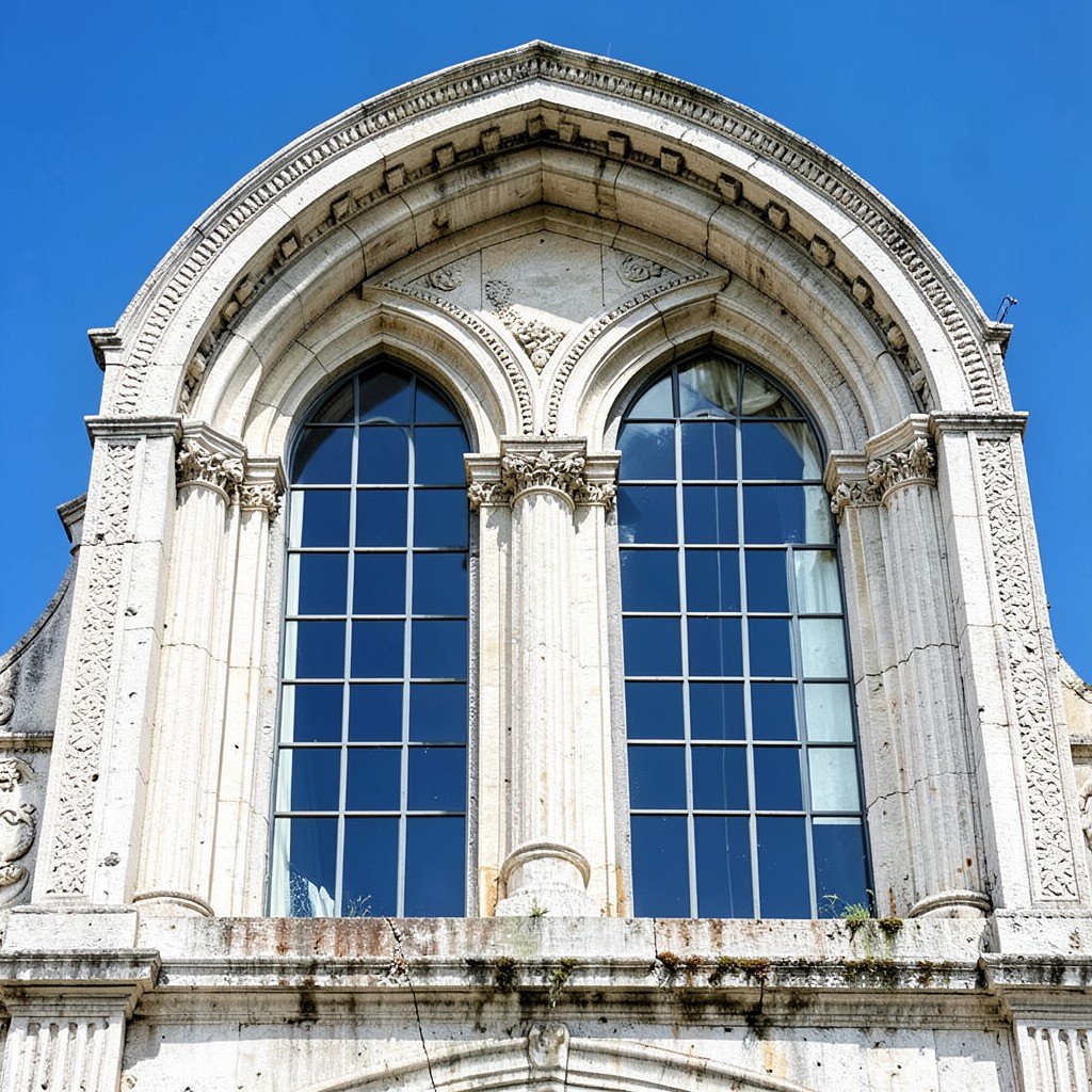 Close up view of the elegant symmetrical arched windows of Villa Poiana in Italy detailed stonework classic Palladian architecture style clear blue sky background no text aspect ratio 4:3