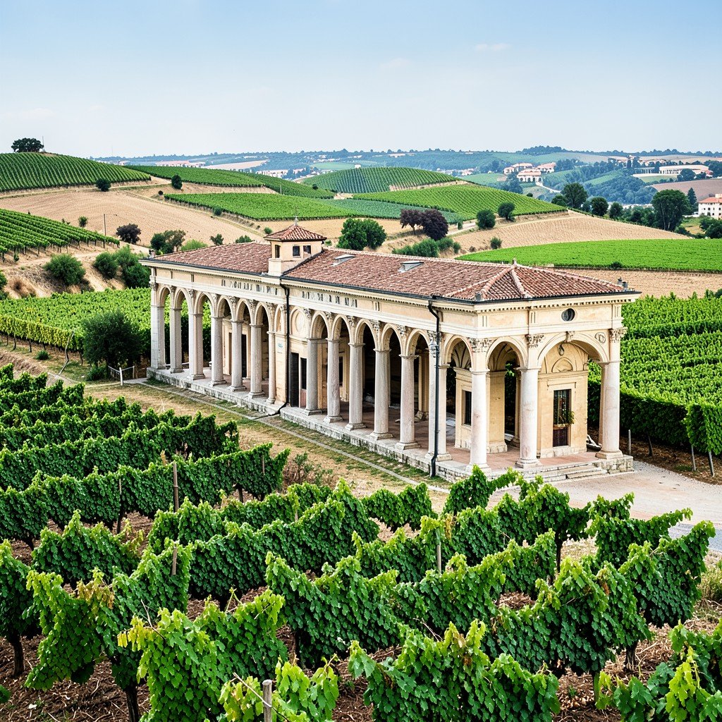 The long colonnaded wing of Villa Maser in Italy surrounded by green vineyards and agricultural lands rustic yet elegant classical architecture no visible text aspect ratio 4:3