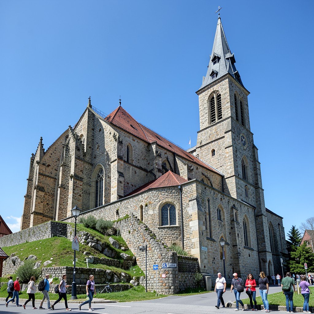 Romanesque architecture of Collegiate Church on a hill in Quedlinburg, ancient stone walls, bell tower, clear sky, tourists walking, 1:1