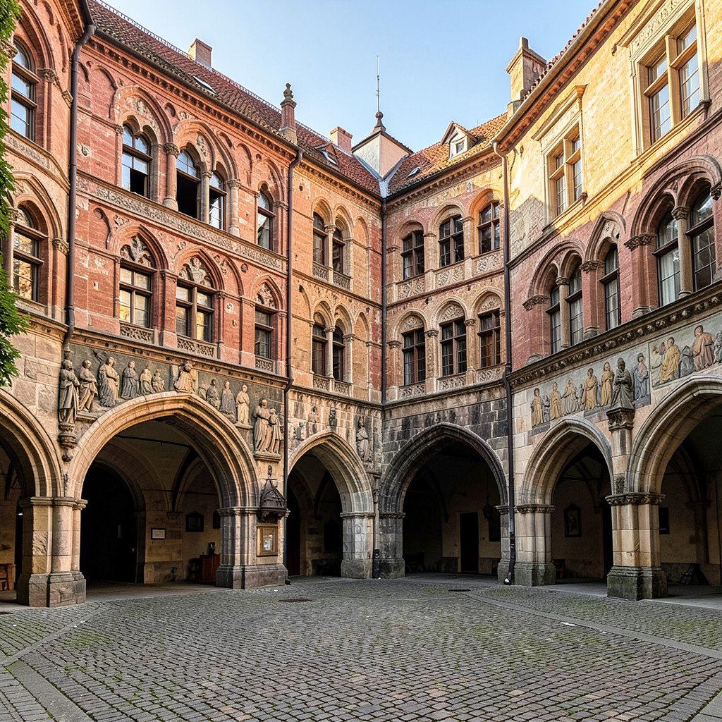 Courtyard of Quedlinburg Castle showing layers of Romanesque and Renaissance architecture, cobblestone floor, ancient stone archways, warm afternoon light, 1:1
