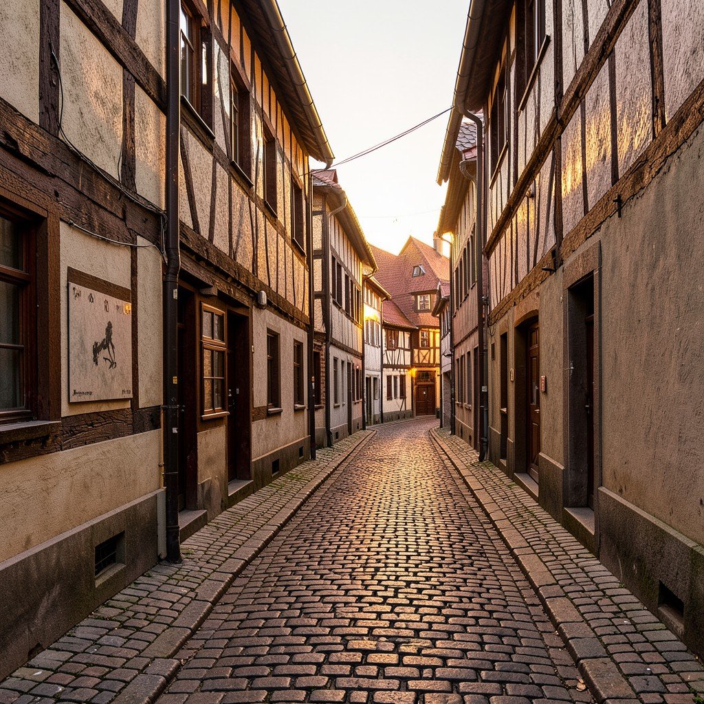 Narrow cobblestone alley in Quedlinburg lined with well preserved medieval half-timbered houses, warm sunset light, no people, peaceful atmosphere, 4:3