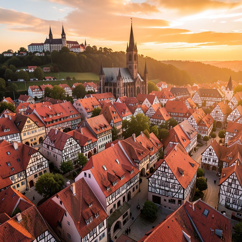 Aerial view of Quedlinburg Old Town at sunset, red roofs, half-timbered houses, Collegiate Church on the hill in the background, golden hour light, 4:3