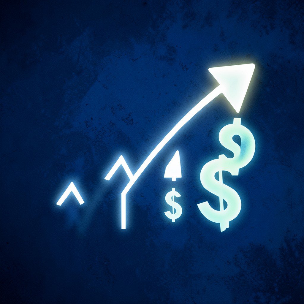 Financial market concept with glowing upward arrows and digital dollar signs, dark blue textured background, no charts, aspect ratio 4:3