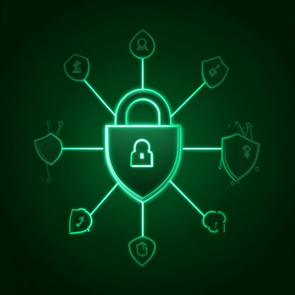 Digital lock and shield icons interconnected with glowing lines on a dark green background, cybersecurity concept, aspect ratio 1:1