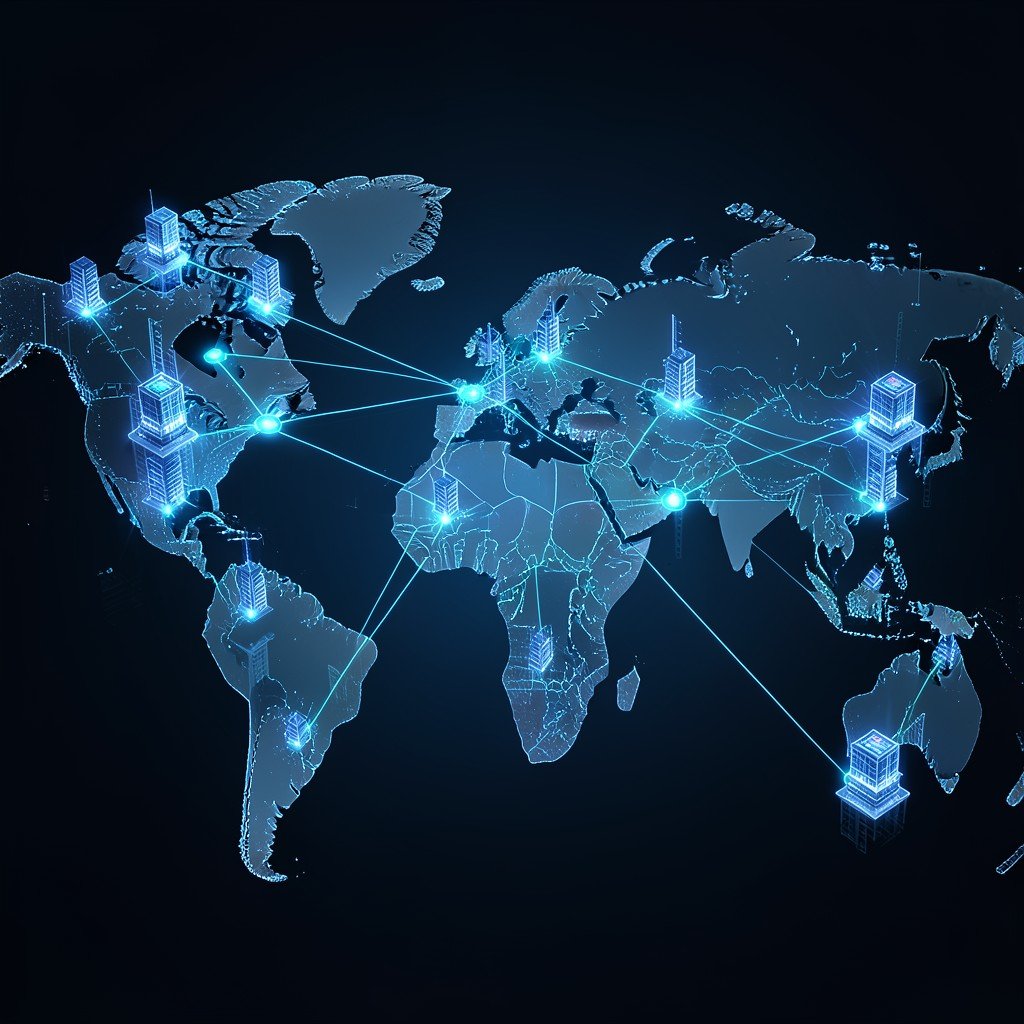 Glowing nodes connecting different server towers across a global map layout, dark background, digital tech style, aspect ratio 4:3