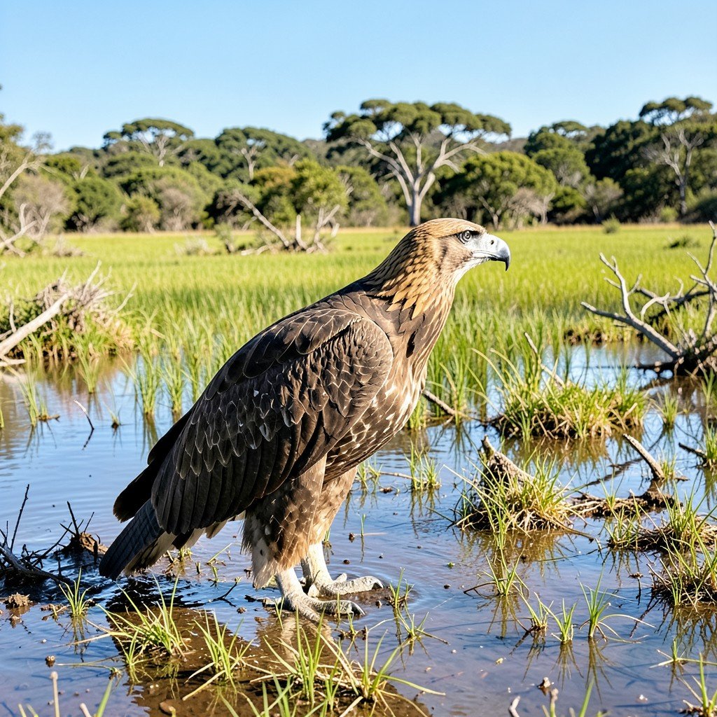 A majestic Spanish imperial eagle standing near a shallow marshland in Donana National Park Spain Natural daylight No text aspect ratio 4:3