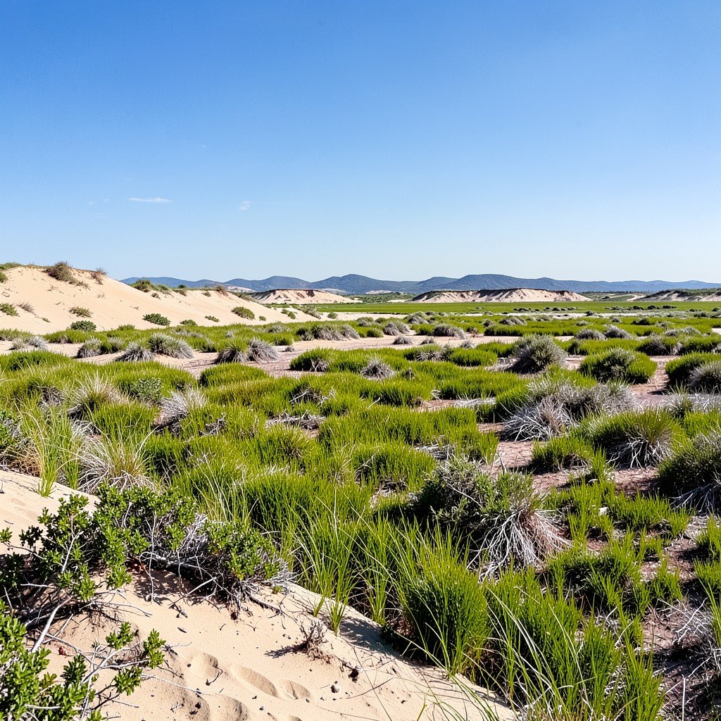 Landscape showing the transition from sandy dunes to inland marshes in Donana National Park Spain Clear sky and natural boundary No text aspect ratio 4:3