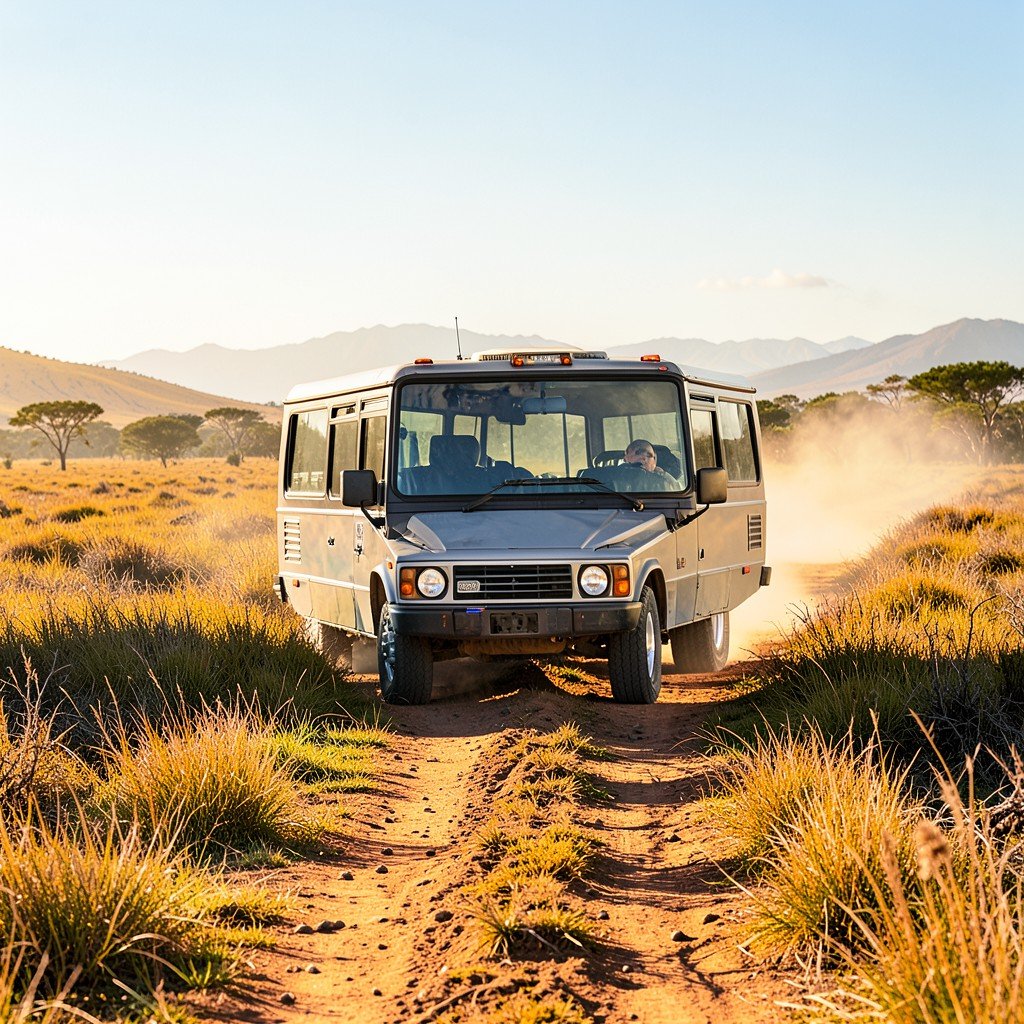 A guided 4x4 tour bus driving through a dusty path in the marshlands of Donana National Park Spain Warm summer afternoon No text aspect ratio 1:1