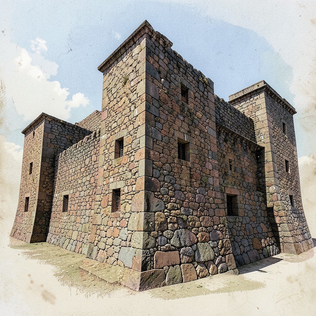 Exterior view of a 16th-century fortress-like monastery in Mexico, thick stone walls and small windows, clear daylight, architectural illustration, textured background, aspect ratio 1:1
