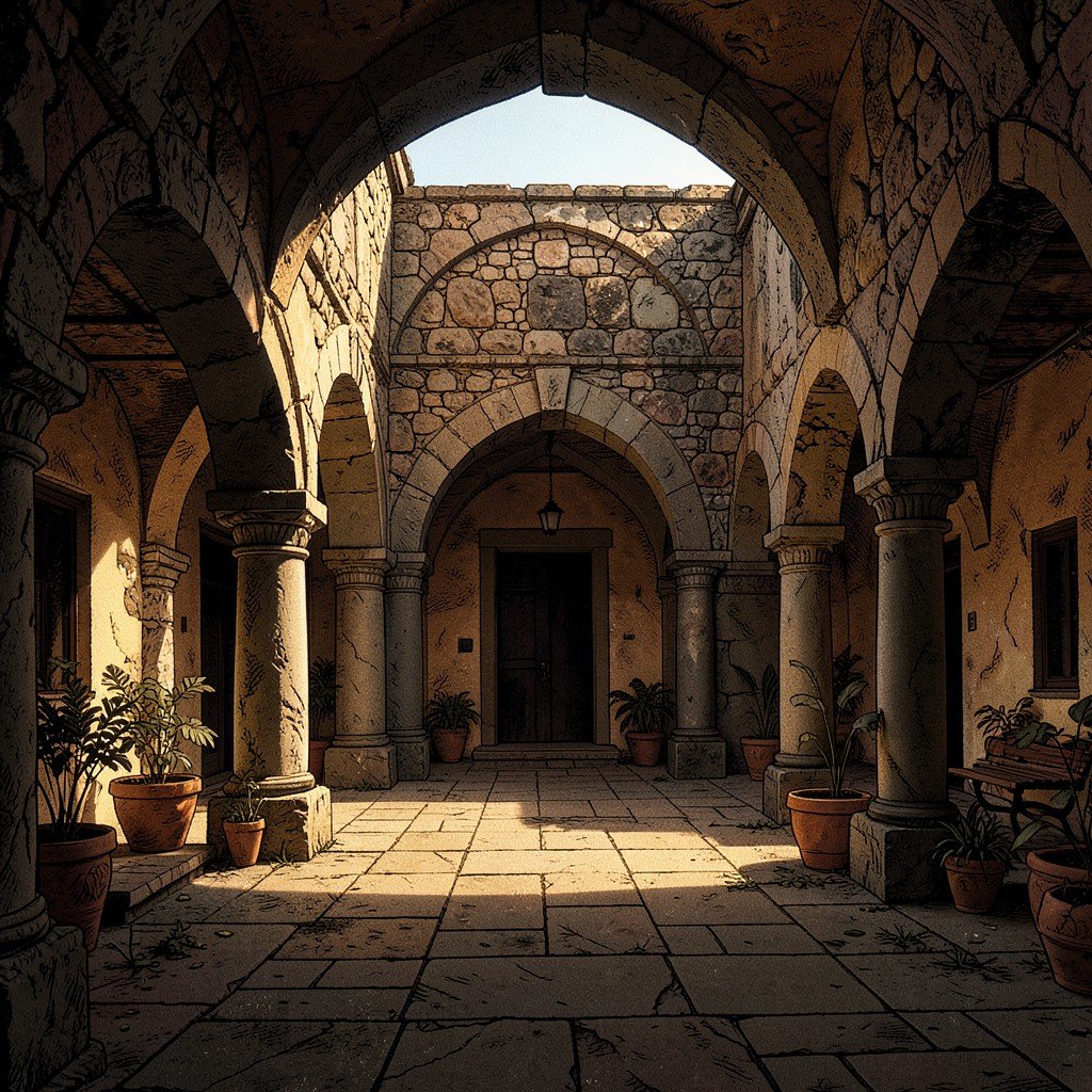 A peaceful cloister courtyard of a 16th-century Mexican monastery with arched corridors and volcanic stone textures, warm afternoon sunlight, historical illustration style, aspect ratio 4:3