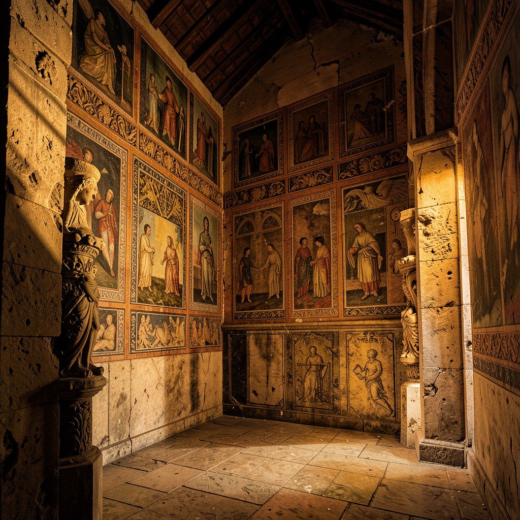 Interior of a 16th-century Mexican monastery showing ancient frescoes and stone carvings with warm indoor lighting, cultural history illustration, aspect ratio 1:1