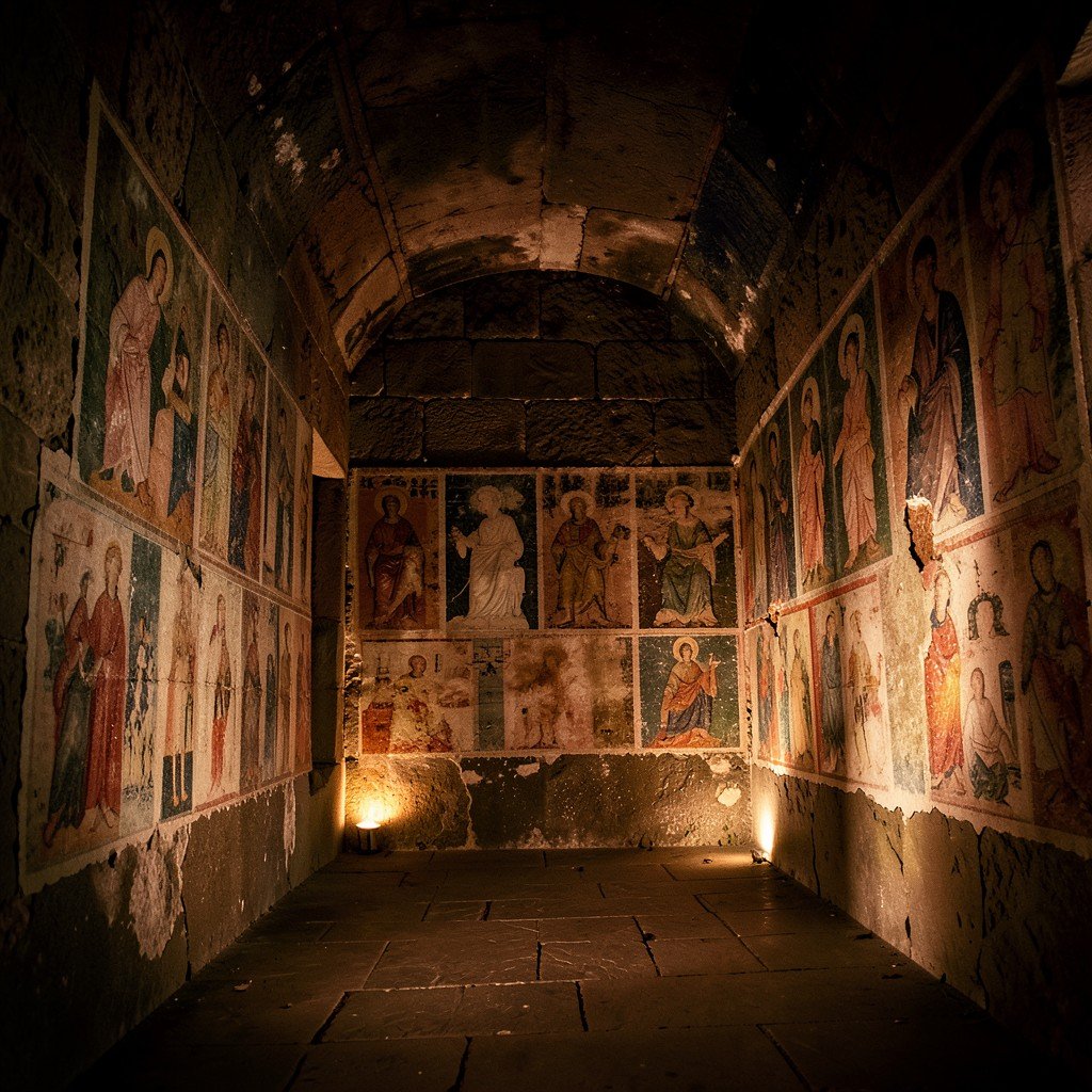 Interior of Gelati Monastery showing ancient faded frescoes on stone walls dim warm lighting historical atmosphere 1:1