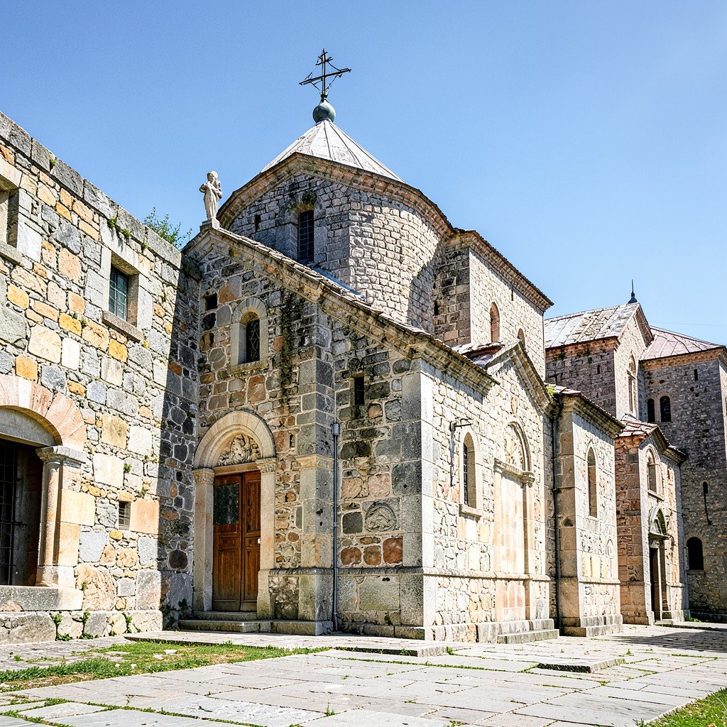 Exterior stone walls of the main cathedral in Gelati Monastery complex with detailed masonry work bright daylight 4:3