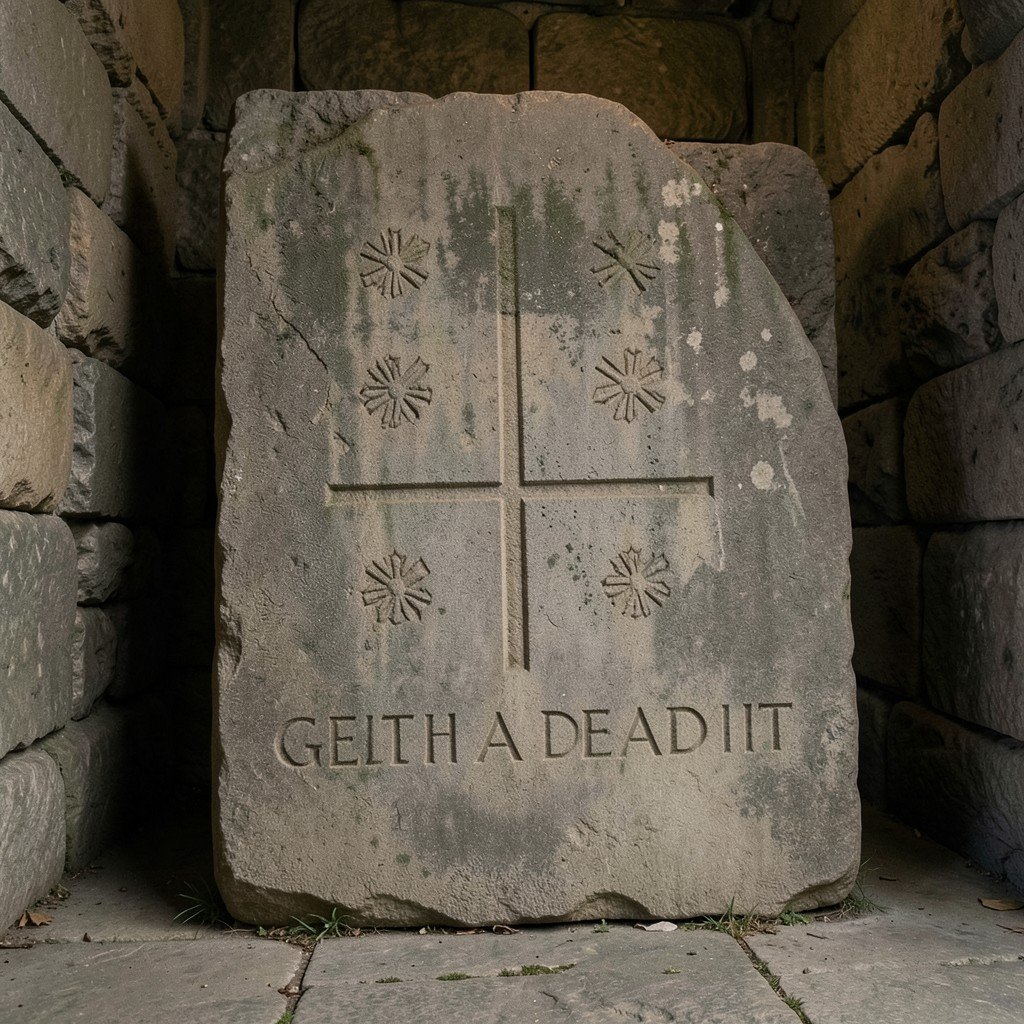 Stone tomb slab of King David IV inside Gelati Monastery with carved cross details soft ambient lighting 1:1