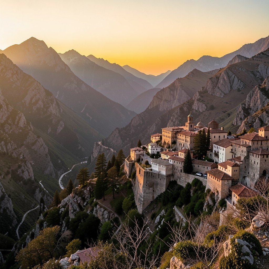 Panoramic view of the valley and mountains surrounding Gelati Monastery at sunset golden hour warm lighting 4:3