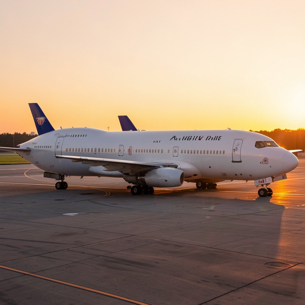 Two large modern passenger airplanes side by side on an airport tarmac during golden hour sunset cinematic lighting aviation photography 1:1