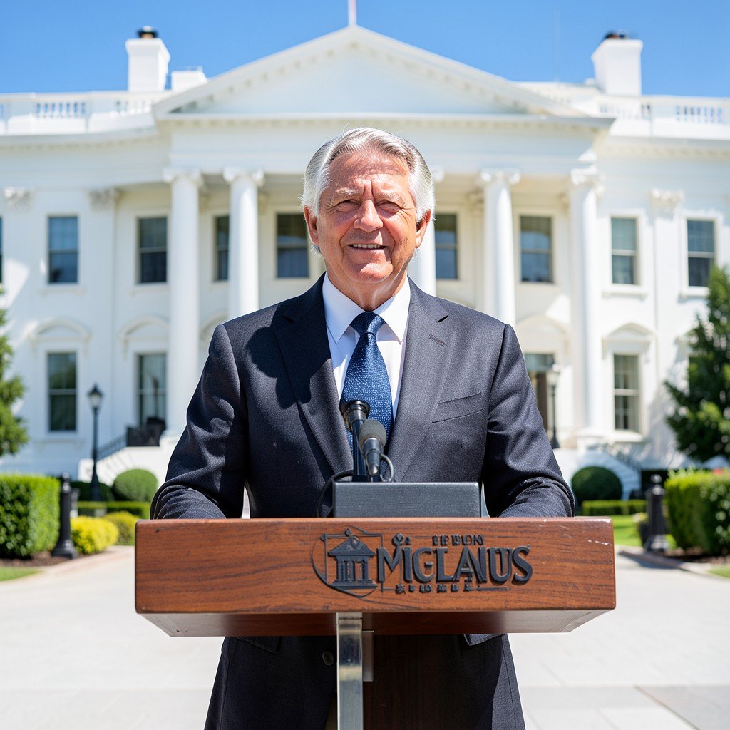 A confident business executive in a dark suit standing in front of the White House press podium bright daylight crisp focus high resolution 1:1