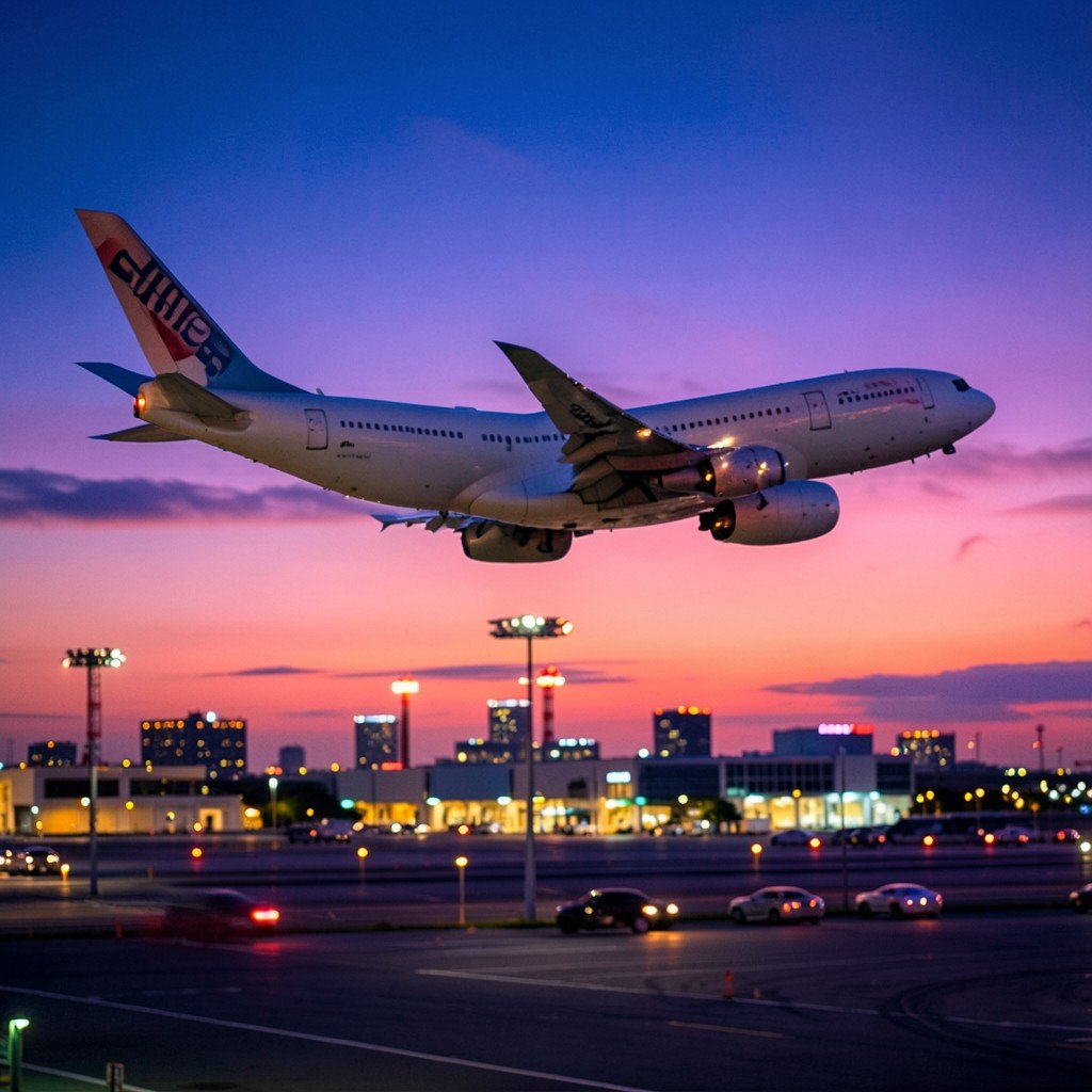 A large passenger jet taking off against a vibrant twilight sky over a bustling international airport cinematic depth of field 1:1