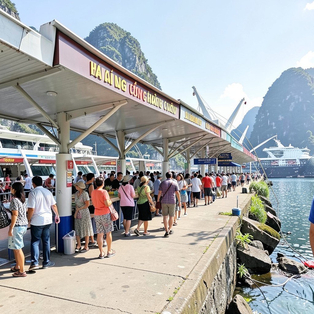People waiting at Ha Long Bay cruise terminal pier sunny day natural lighting Vietnamese travel aspect ratio 1:1