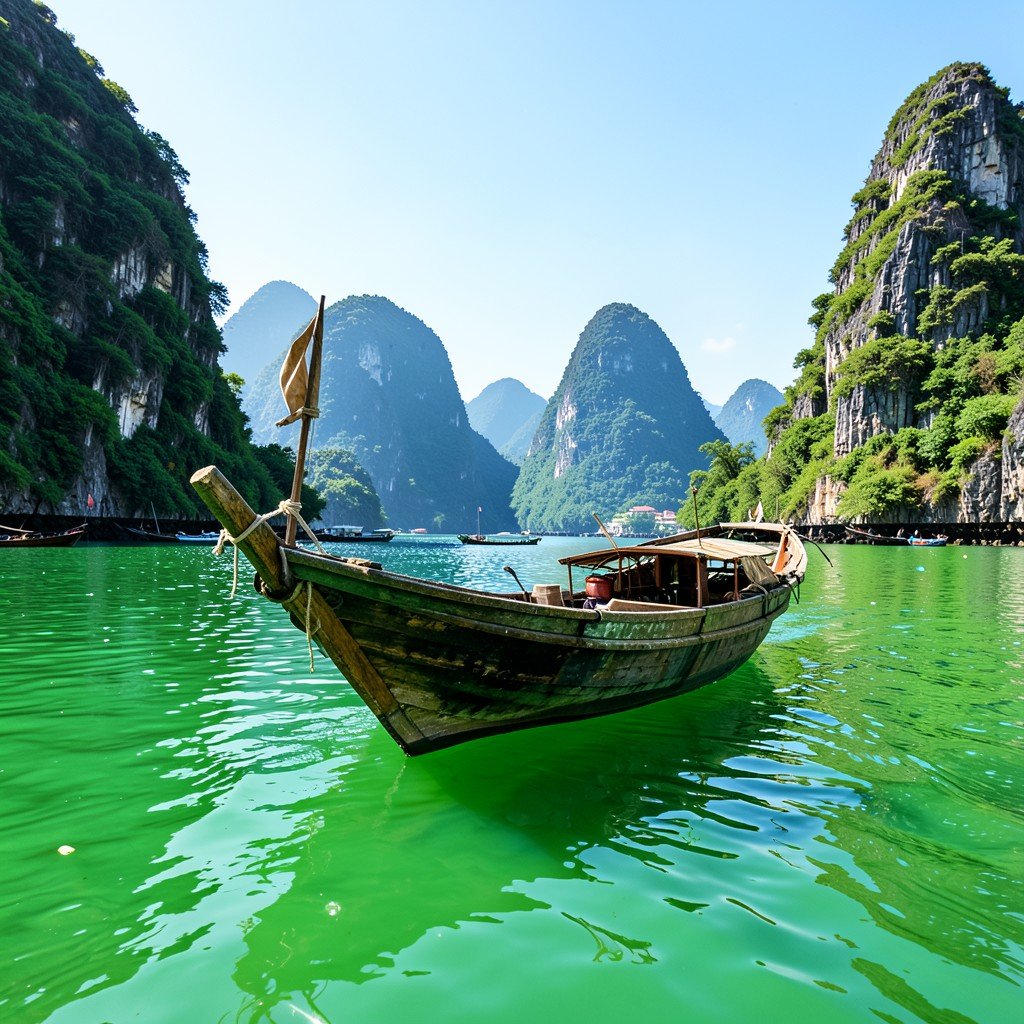 Traditional wooden boat sailing on emerald water in Ha Long Bay Vietnam sunny weather aspect ratio 4:3