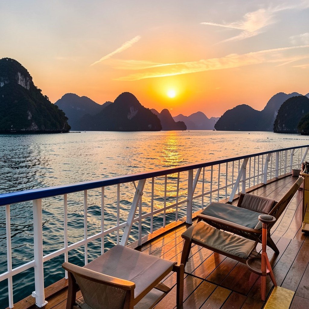Sunset over Ha Long Bay Vietnam cruise deck ocean view relaxing atmosphere no text aspect ratio 1:1