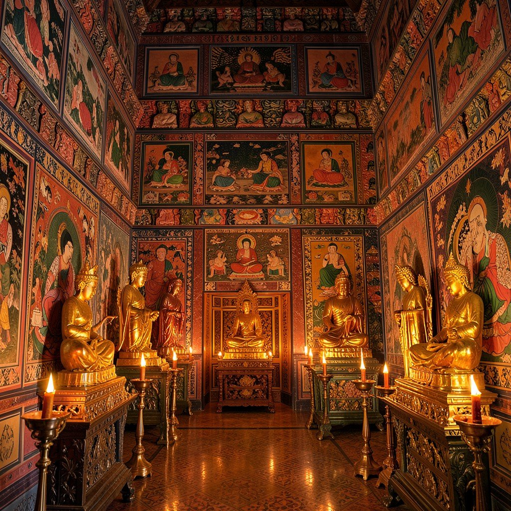 Intricate interior of Potala Palace Tibetan Buddhist chapel colorful thangka paintings golden statues butter lamps glowing warm lighting no text aspect ratio 1:1