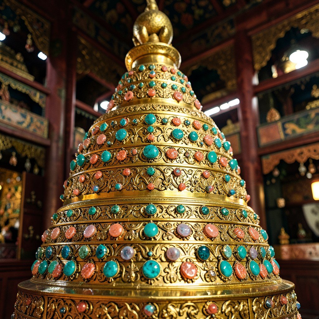Close up of golden stupa adorned with turquoise and coral jewels inside Potala Palace detailed Tibetan metalwork soft ambient light no text aspect ratio 1:1