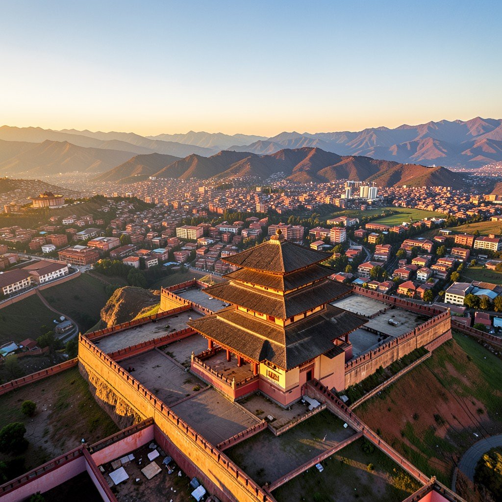 Aerial view from Potala Palace rooftop overlooking Lhasa valley city and mountains in distance clear atmosphere golden hour sunlight no text aspect ratio 4:3