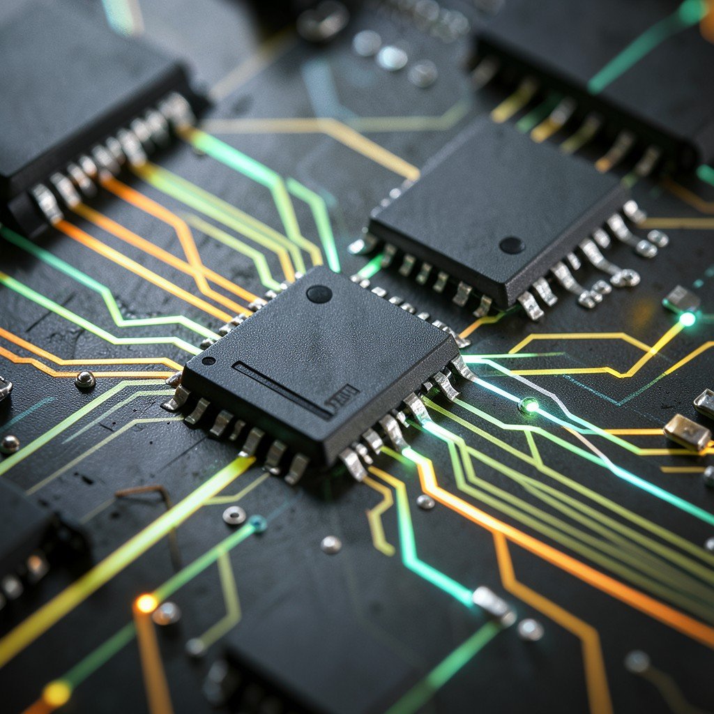 Close up of advanced networking semiconductor chips on a textured circuit board with glowing data lines representing fast data transfer, no text, no korean text, aspect ratio 4:3
