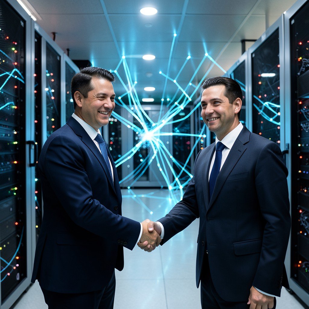 Business executives shaking hands in a modern server room with glowing AI network lines in the background representing strategic partnership, no text, no korean text, aspect ratio 1:1