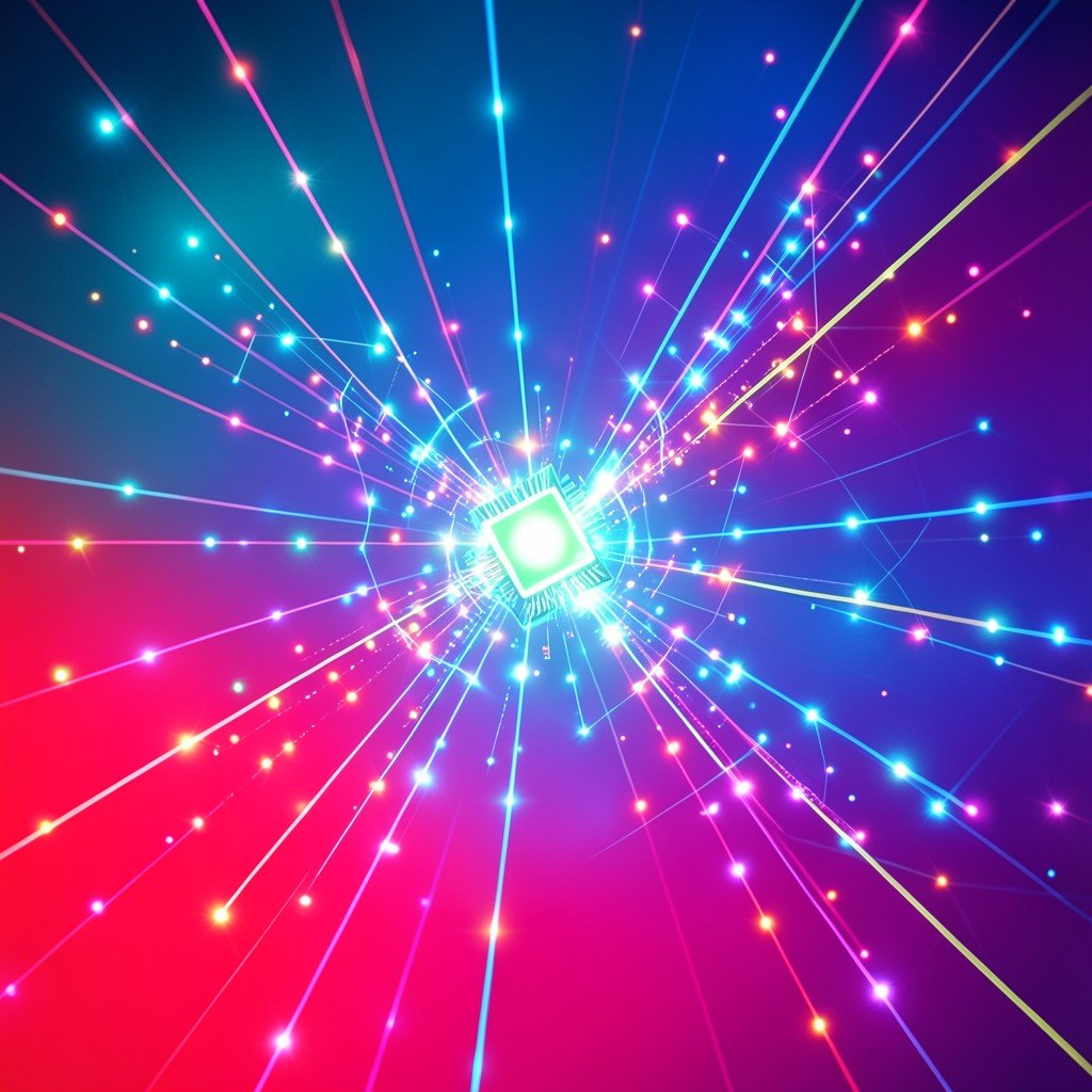 Abstract glowing data network nodes expanding rapidly with high speed light pulses representing networking chip demand growth, vibrant gradient background, no text, no korean text, aspect ratio 4:3