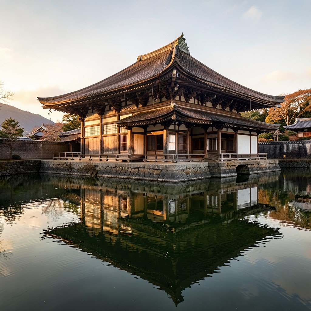 Byodo-in temple Phoenix Hall in Uji Kyoto, reflected in serene pond, ancient Japanese architecture, UNESCO World Heritage, no people, warm morning sunlight, detailed textured background, 1:1