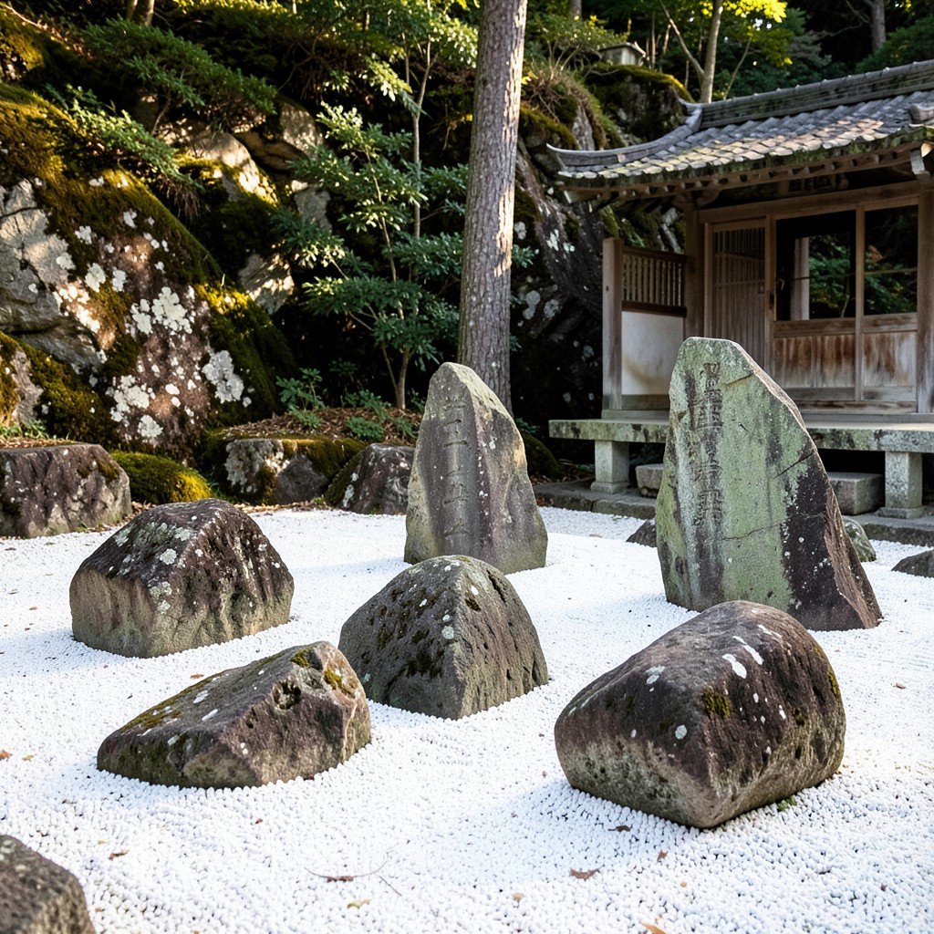 Ryoan-ji temple Zen rock garden in Kyoto, fifteen stones placed on white gravel, ancient Buddhist temple ground, UNESCO World Heritage, no people, soft natural light, rich textured background, 4:3