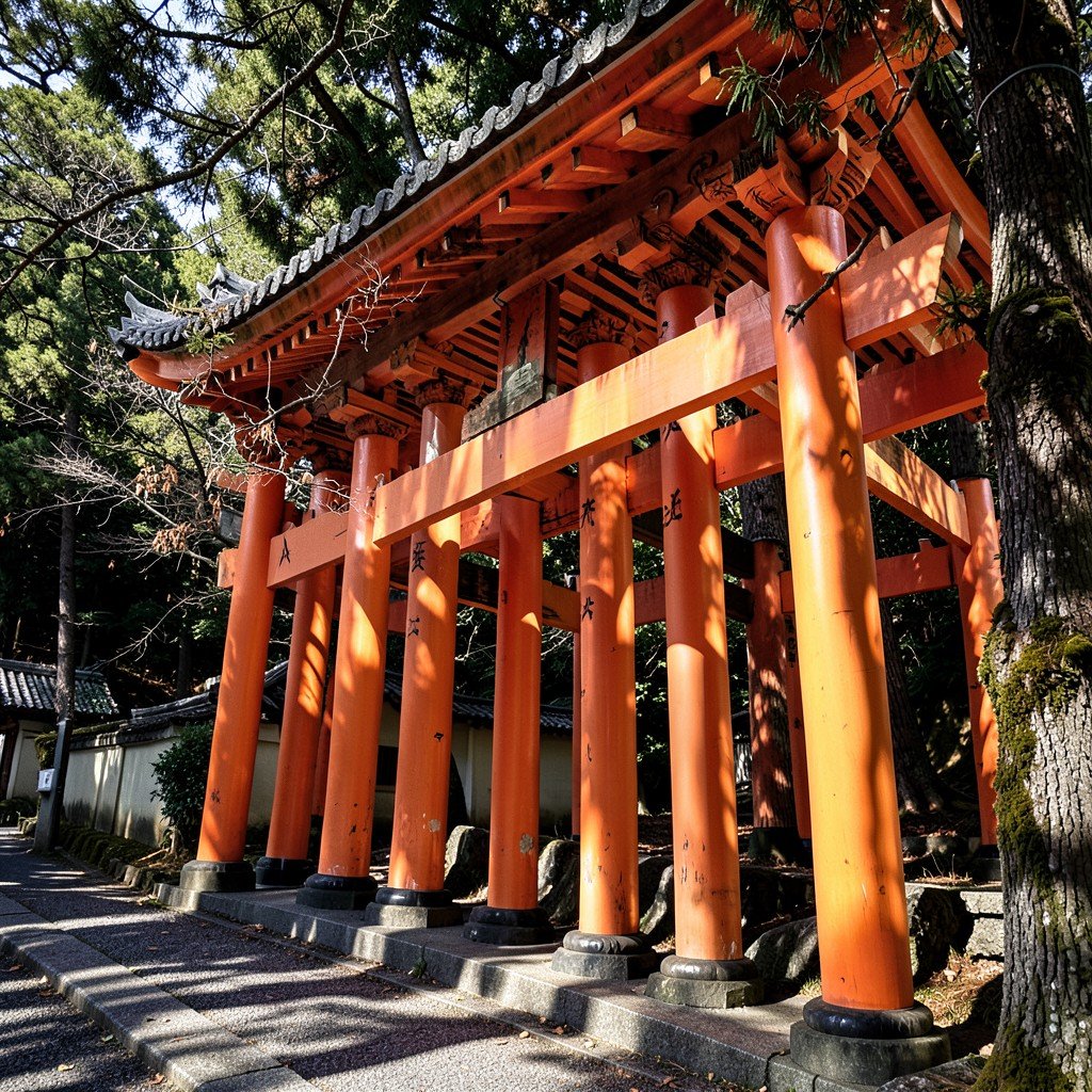 Fushimi Inari Taisha thousands of vermilion torii gates, ancient shrine path in Kyoto, UNESCO World Heritage, no people, dappled sunlight through trees, deep cultural textured background, 4:3