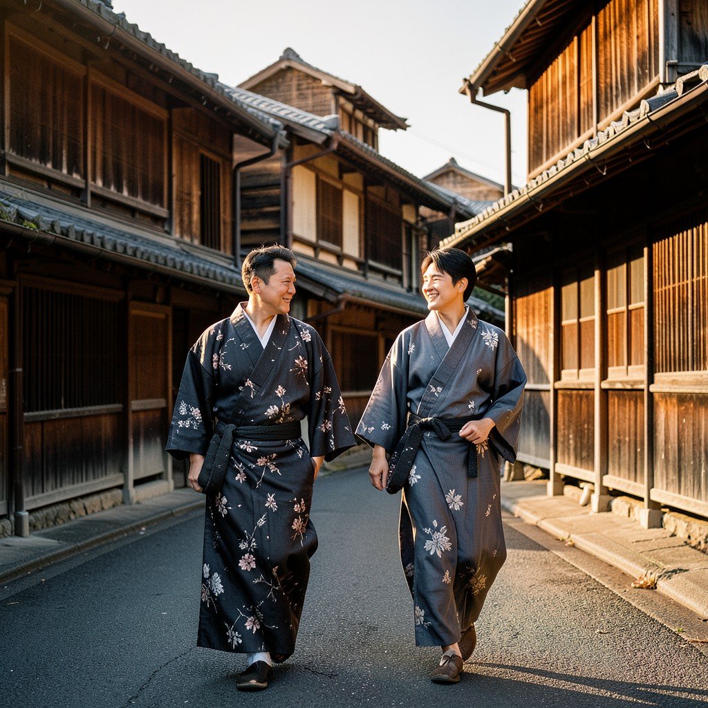 Two tourists in kimono walking on a traditional street in Kyoto, ancient wooden machiya houses in background, warm afternoon sunlight, natural expression, Korean appearance, lifestyle photography, no text, rich textured background, 4:3