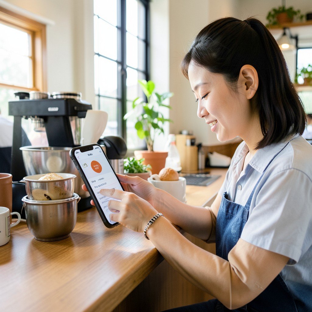 A customer completing a coffee order on a smartphone mobile app at a cafe counter, bright lighting, lifestyle photography, NO KOREAN Text, 4:3