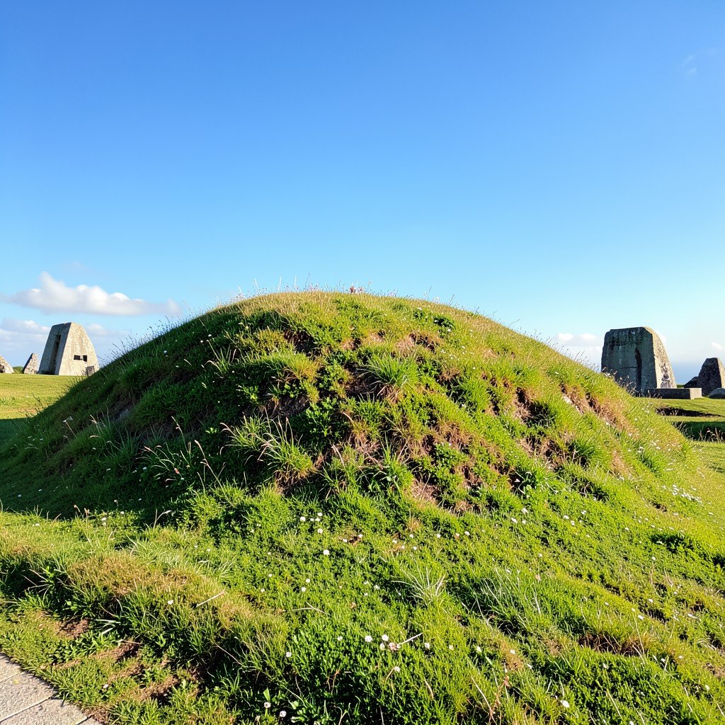 Large ancient Viking burial mound covered with green grass in Jelling Denmark with a clear sky and sunlight illuminating the landscape 4:3