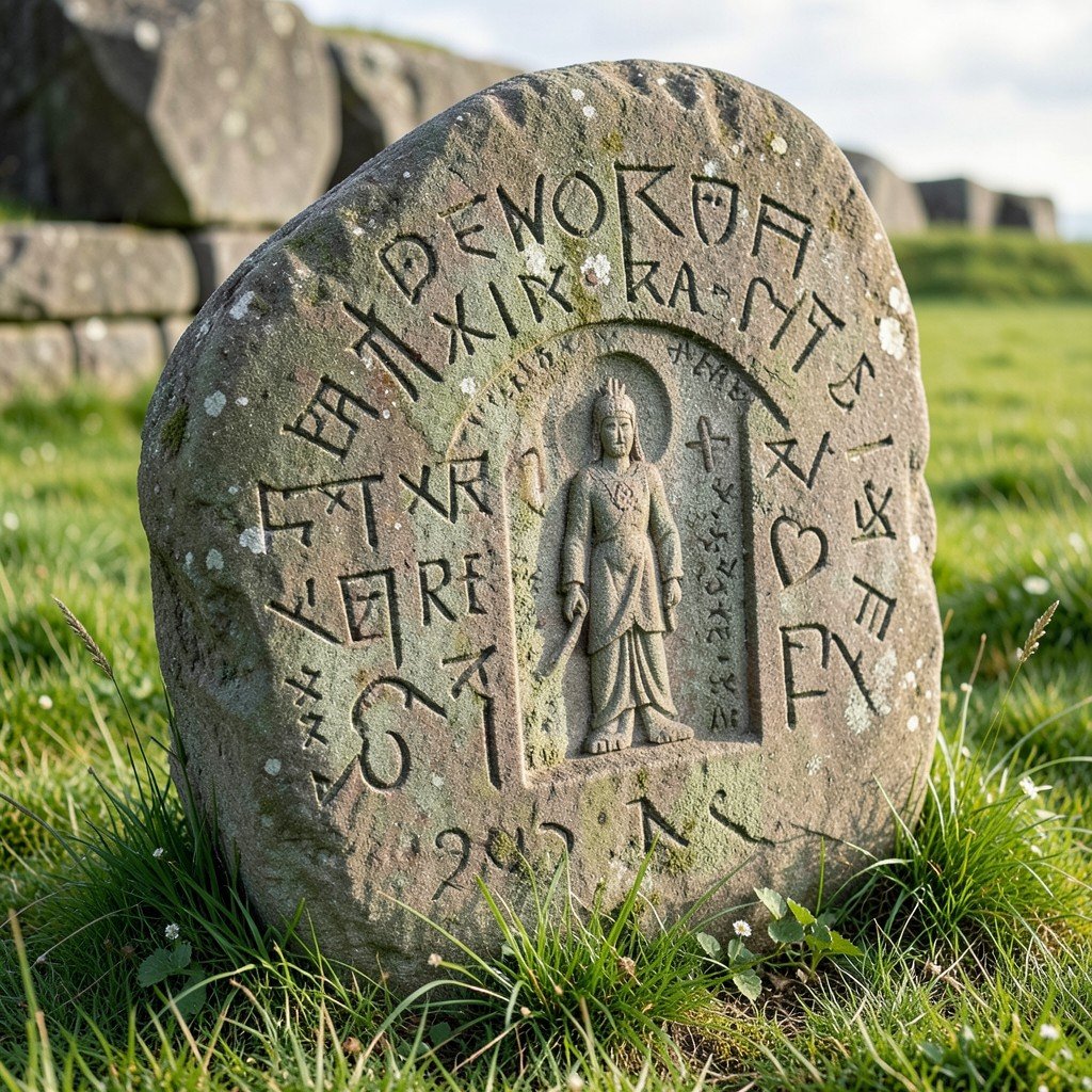 Close-up of a large ancient runic stone with carved Viking runes and Christ figure in Jelling Denmark surrounded by green grass with soft natural lighting 4:3