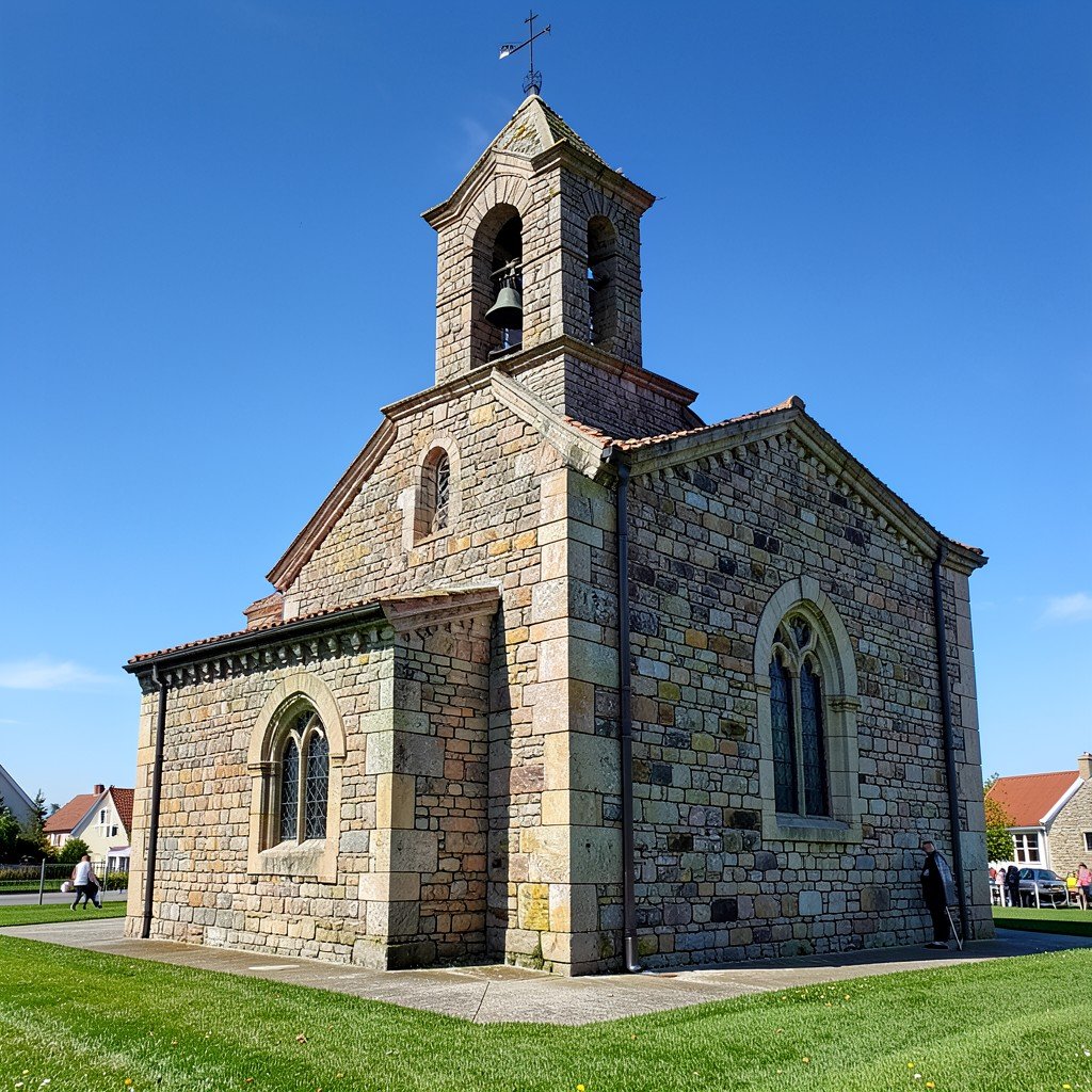Ancient Romanesque stone church in Jelling Denmark with thick stone walls and a small bell tower under a clear blue sky 1:1